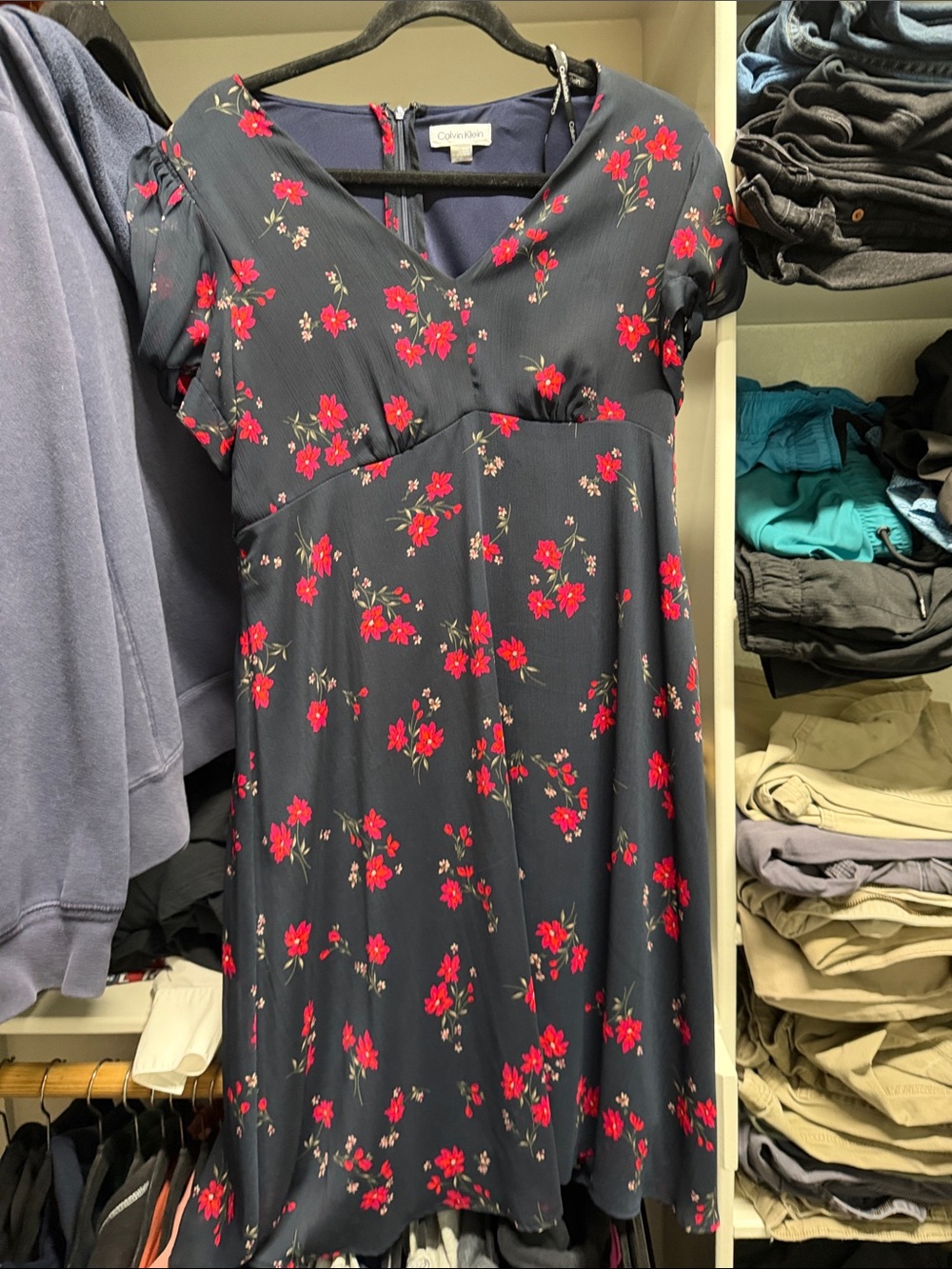 Calvin Klein Navy Dress with Red Floral Print